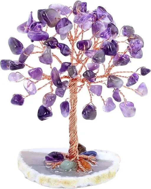 Amethyst Healing Crystals Stones Tree Wire Wrapped on Natural Agate Slice Base Home Desk Living Room Crystal Decor Mini Sized